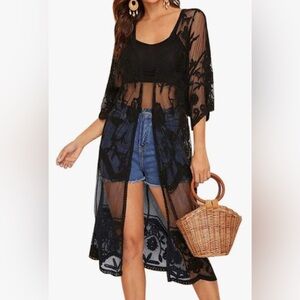 Black Sheer Lace Kimono Cover-Up